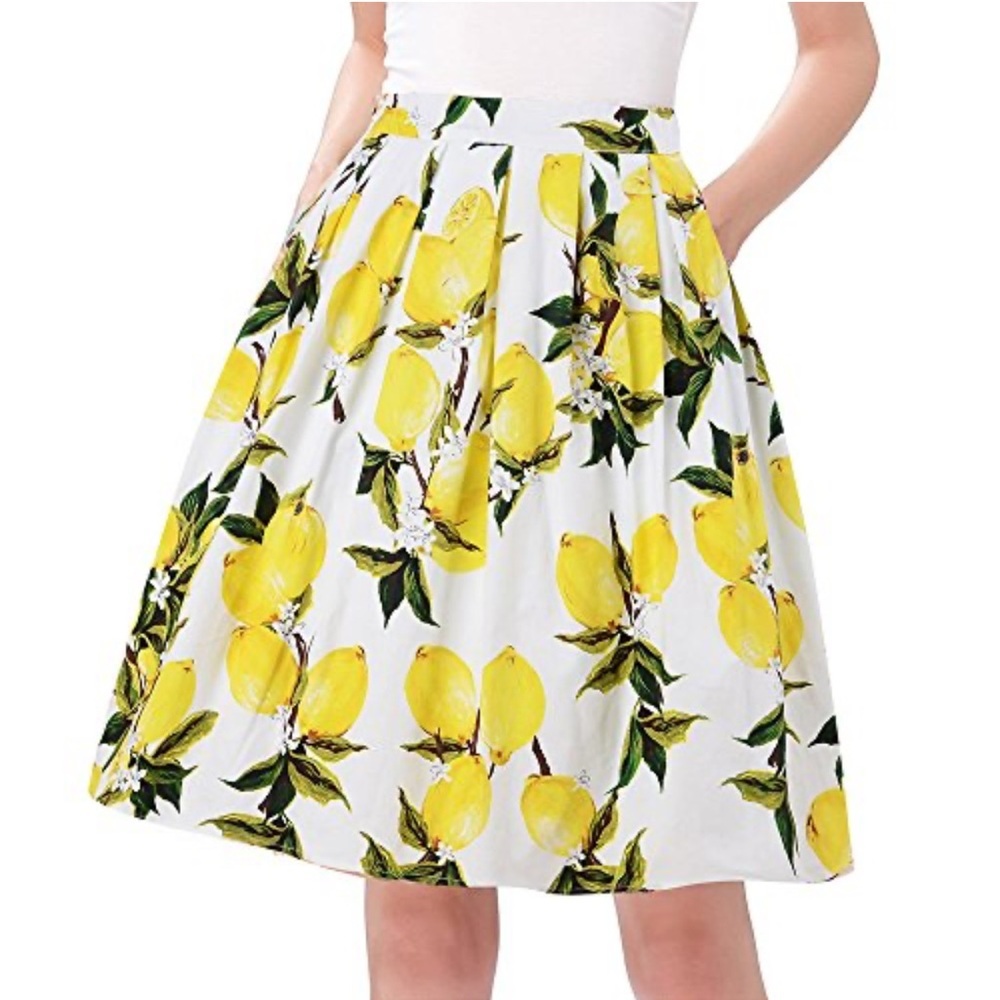 Taydey‎ Fashion Sz M elastic waist pleated lemons print full skirt new